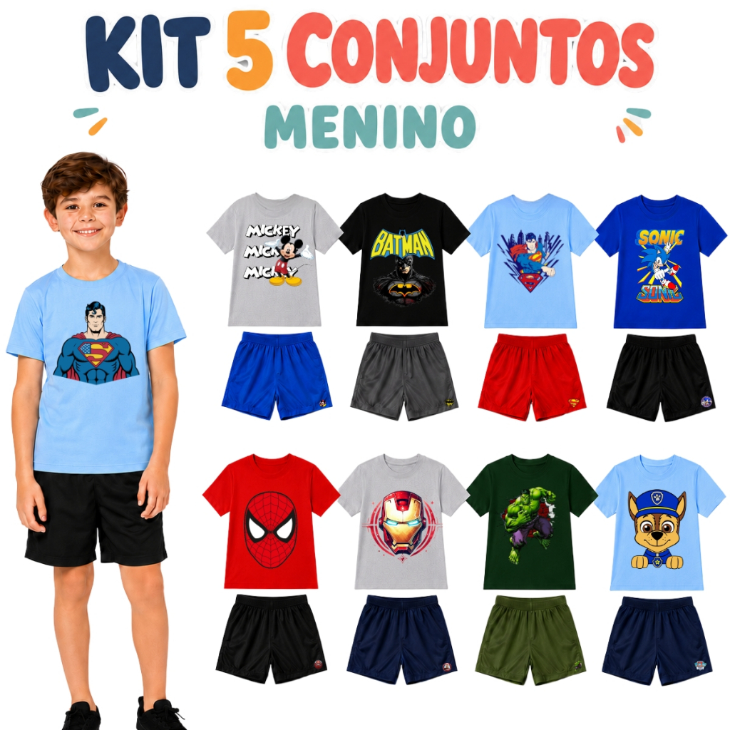 Kit 10 Peças Infantil Menino | 5 Camisetas Algod