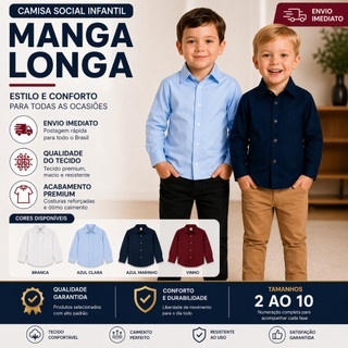 Camisa Social Infantil Manga Longa Estilosa para F