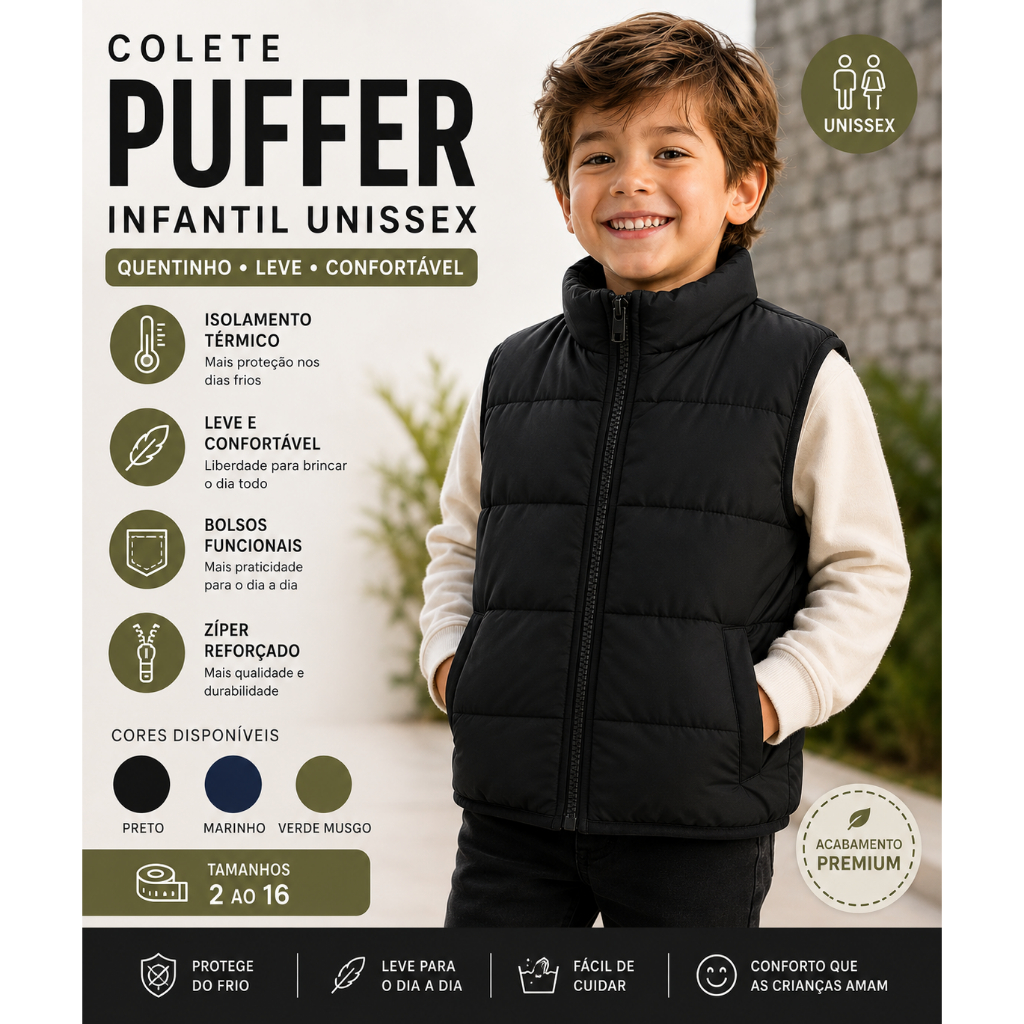 Colete Infantil Puffer Matelassê Inverno Menino e