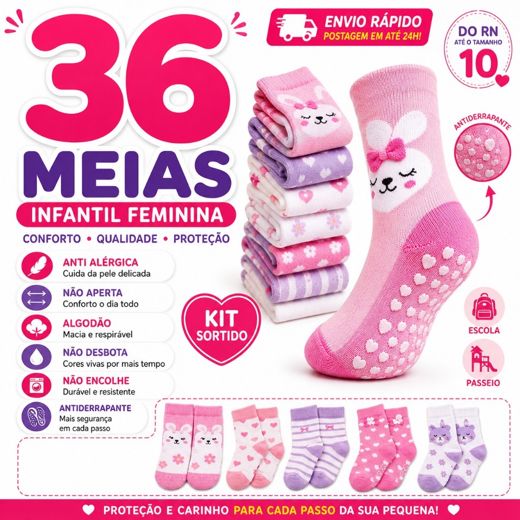 Kit Meias Criança Infantil Menina Antiderrapante 