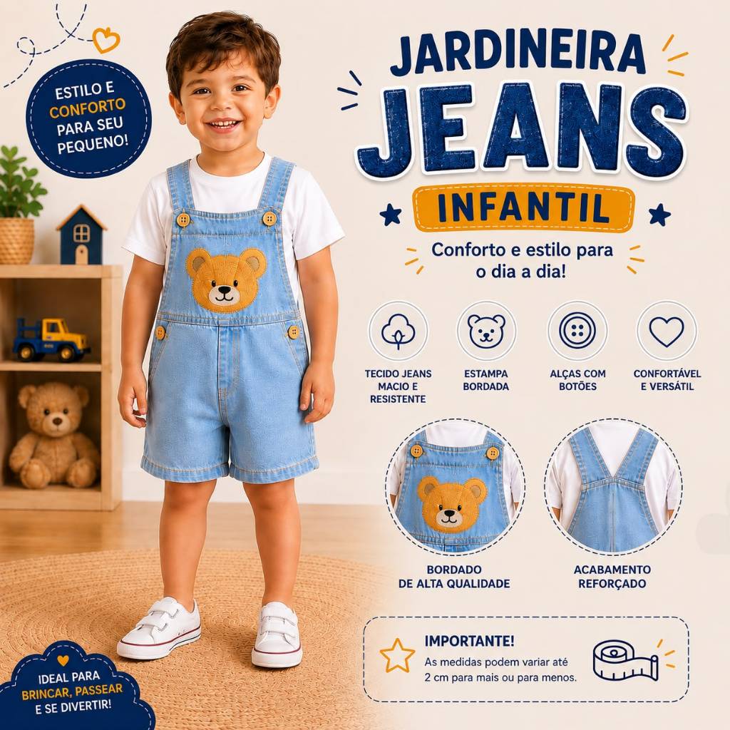 Macacão Jeans Infantil Jardineira Bebê Menino Un