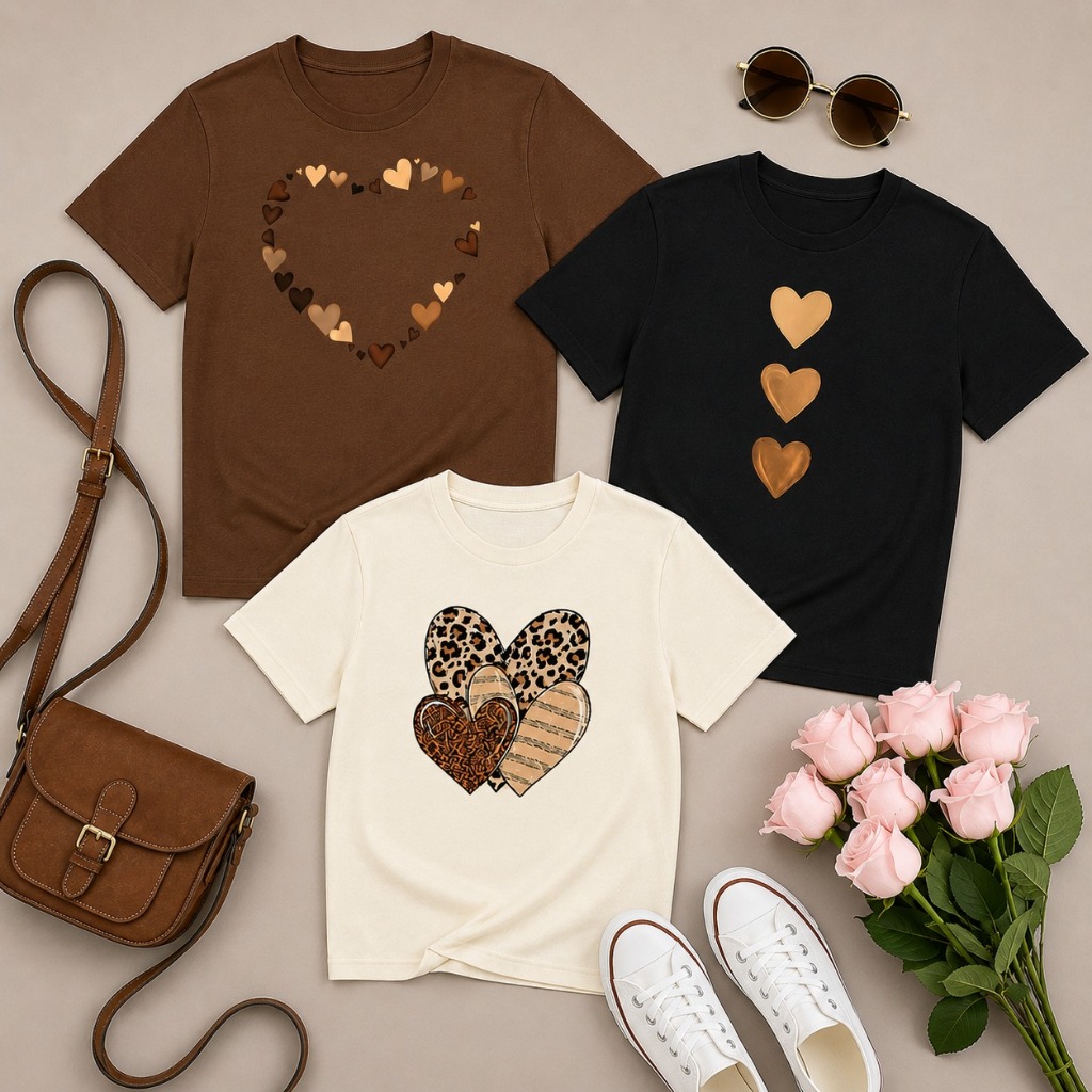 Kit 3 Camisetas Femininas Estampadas Corações Te
