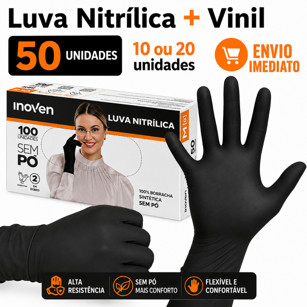 Luva Preta Vinil Nitrílica Sem Pó Descartável A
