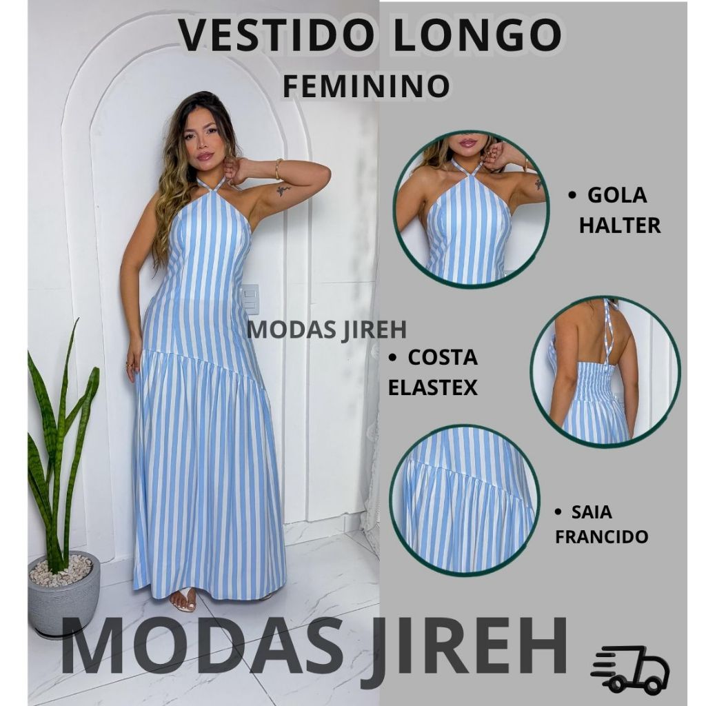 Vestido Longo Feminino Viscolino  Listrado Gola Ha