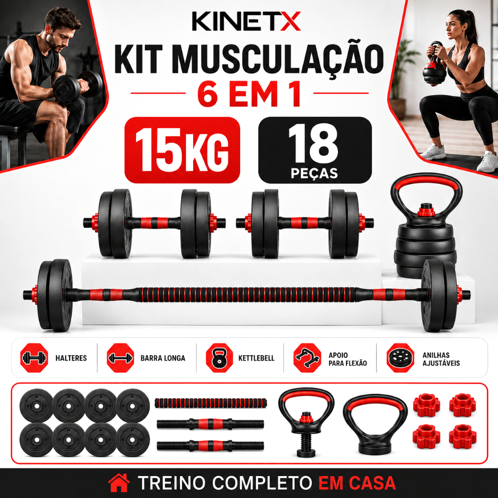 Kit Halteres 15kg 6 em 1 com Barra Longa Kettlebel
