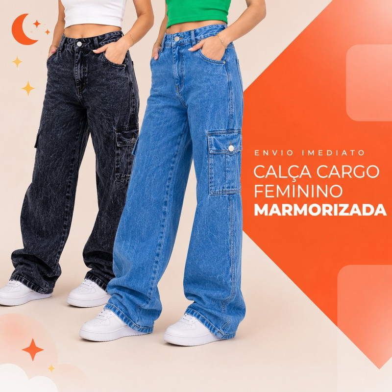 Calça Jeans Cargo Wide Leg Infantil Juvenil Femin