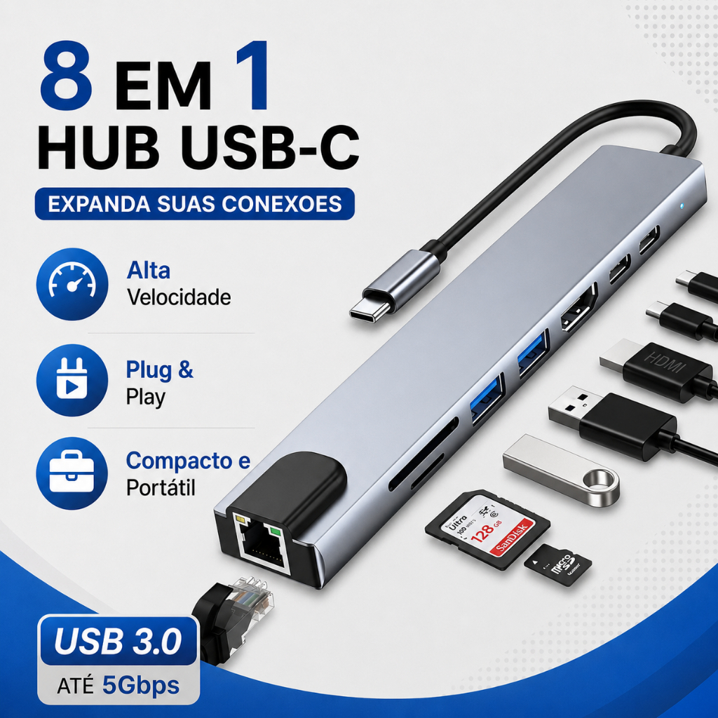 Porta USB Hub 8 Em 1 Leitor SD Type C Áudio 3.5mm