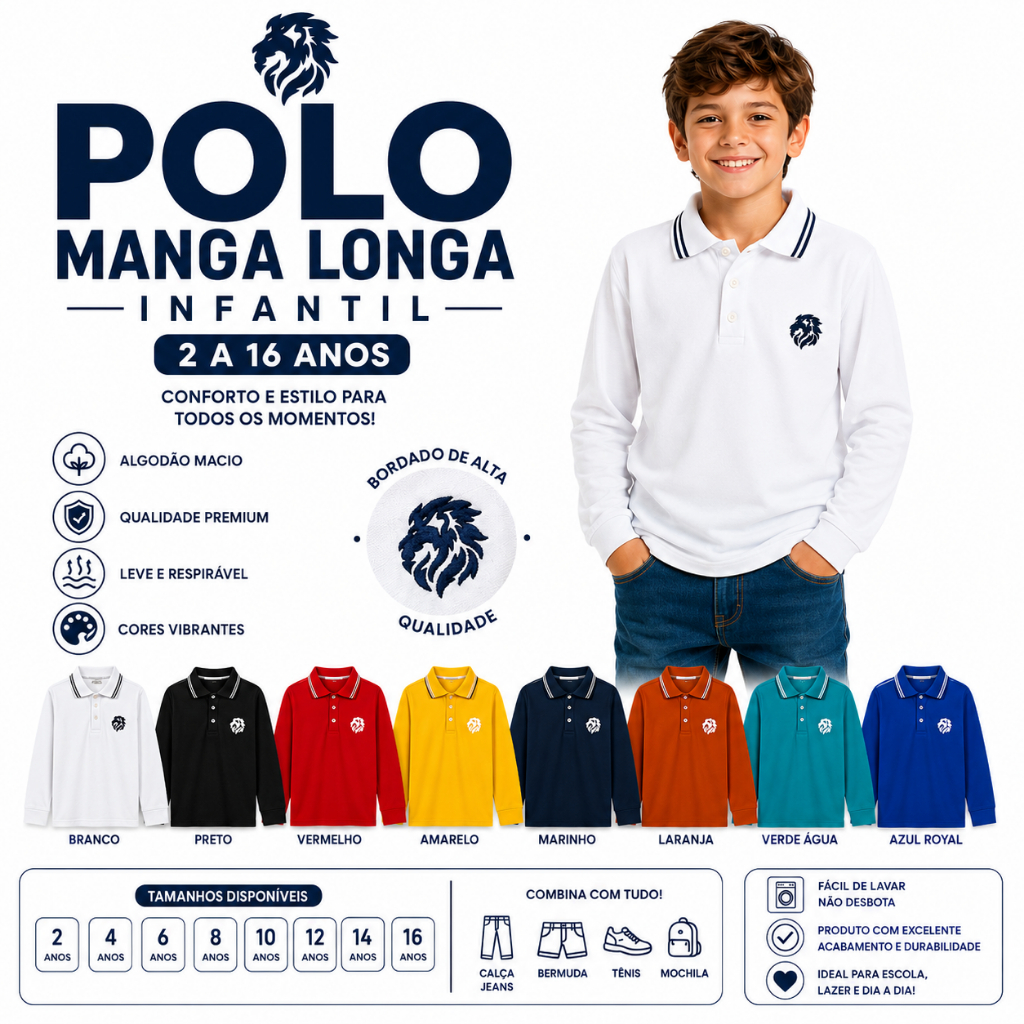 Camisa Polo Infantil Manga Longa | 2 a 16 Anos