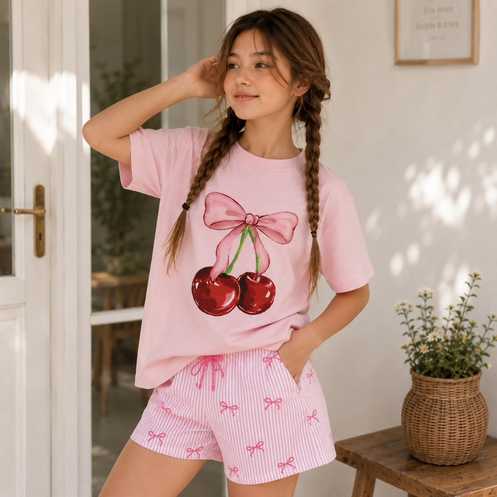 Camisa Estampada Infantil Camiseta Cereja Laço Ro