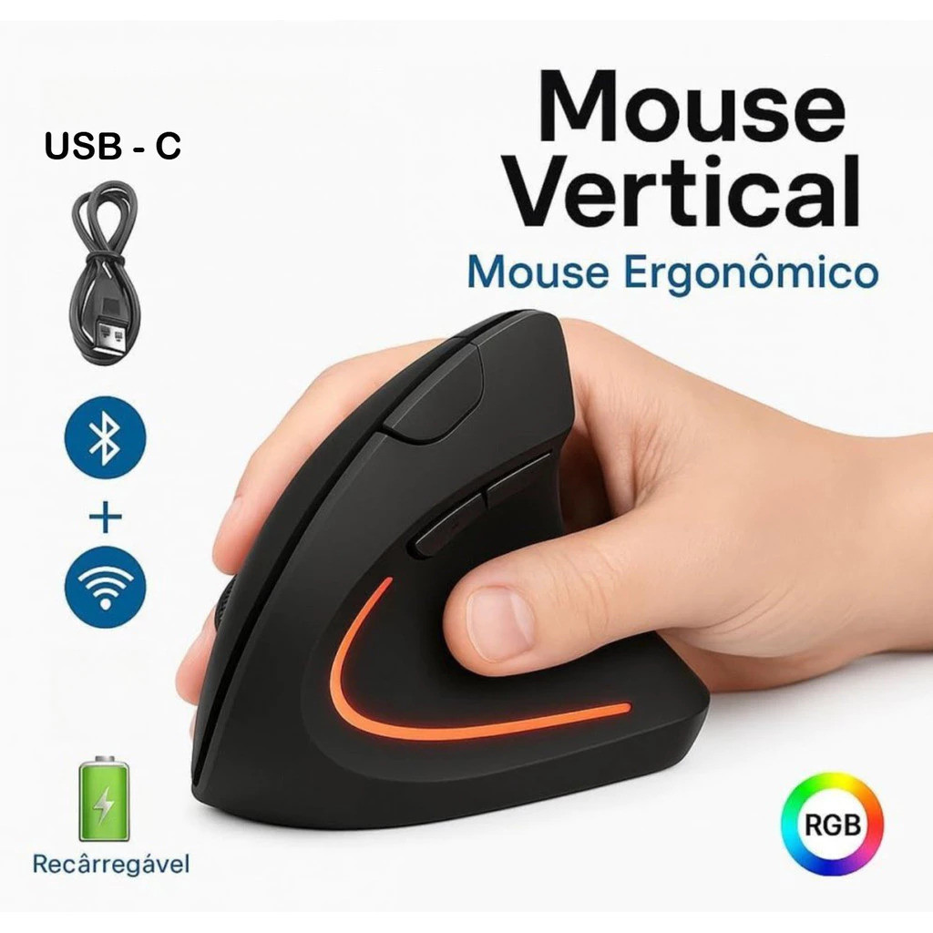 Mouse Vertical Ergonômico Sem Fio Recarregável U
