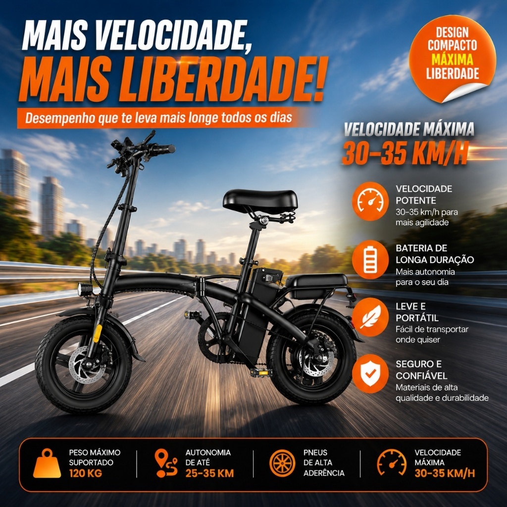 Bicicleta Elétrica Dobrável Adulto com Pneus A V