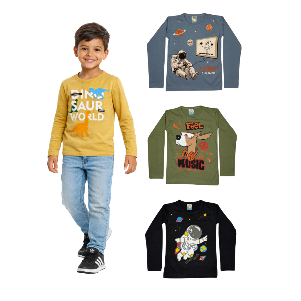 Kit 3 Camisas Infantil Manga Longa Menino Qualidad