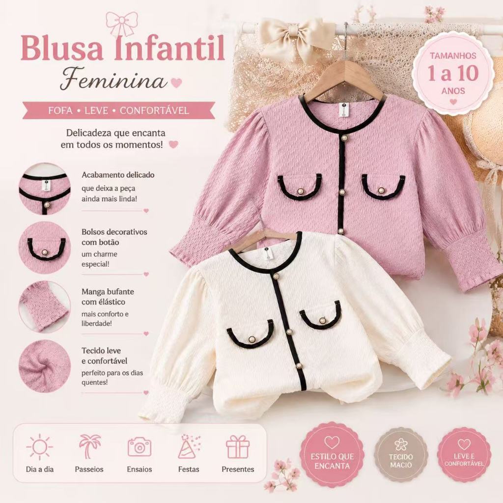 Cardigan Infantil Feminino Menina 1 a 10 Anos Rosa