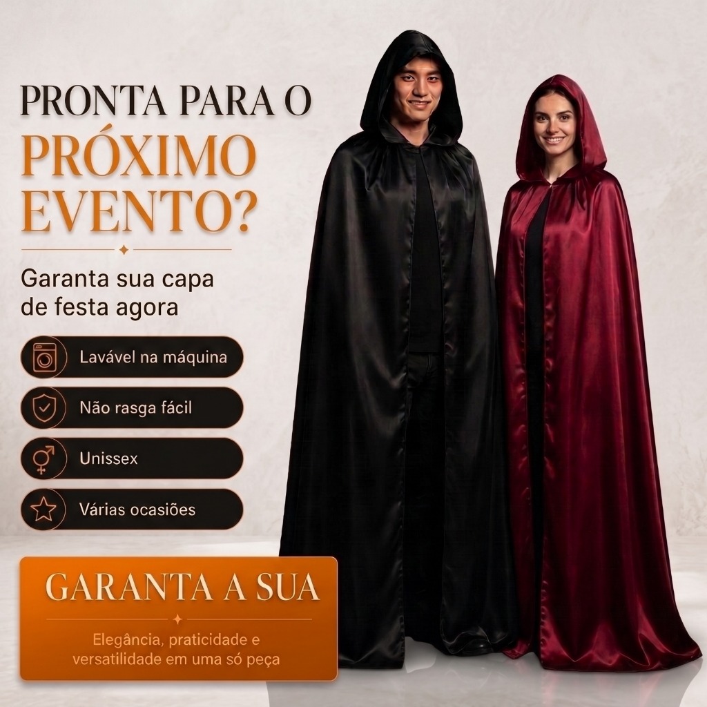 Capa Preta com Capuz Cetim Brilhante  Ideal para C