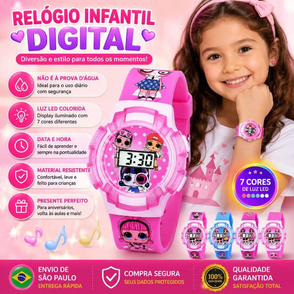 Relógio Musical Infantil Menino Menina Relógio D