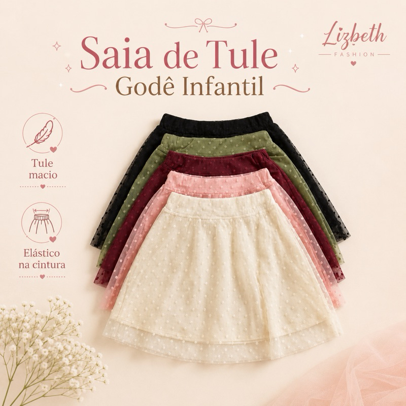 Saia tule poá godê infantil moda evangélica par