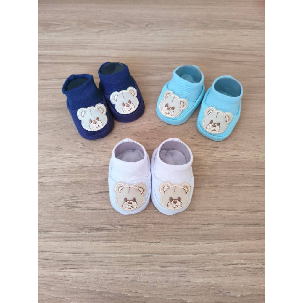 kit c/3 sapatinho meia bebe pantufa menino ursinho