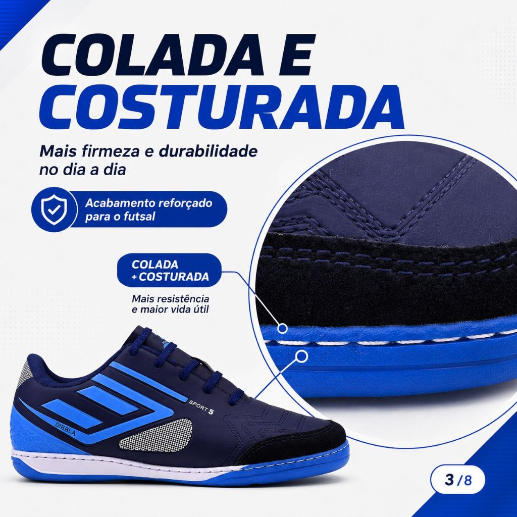 Chuteira Futsal Quadra colada e costurada maçia o
