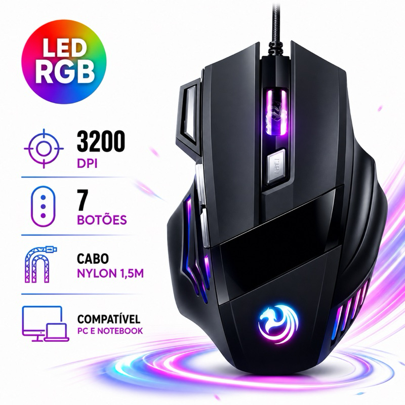 Mouse Gamer Laser 3200dpi 1400dpi Led Rgb Usb 7 Bo