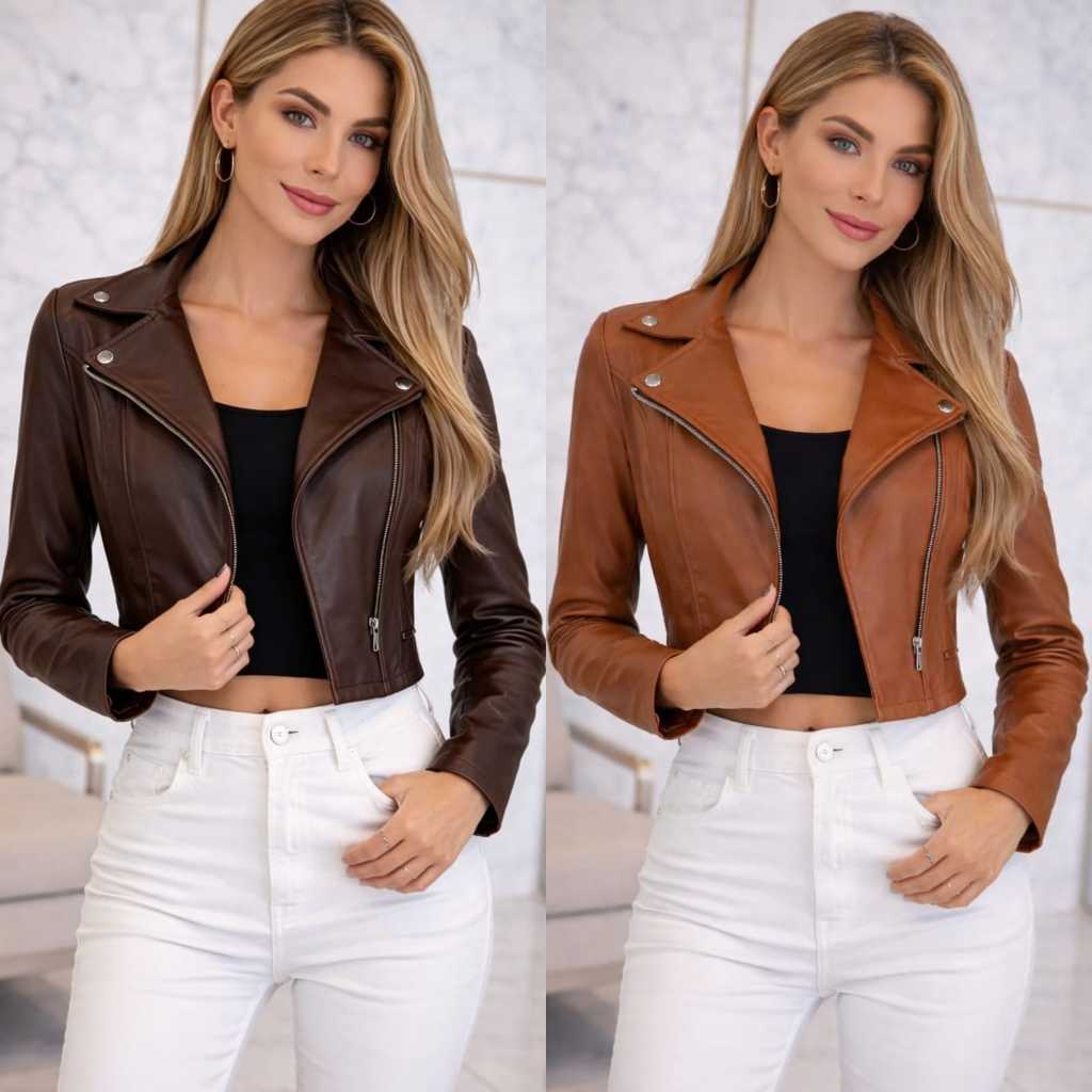 Jaqueta Luxo Feminina De Couro Com Zíper Com Bols