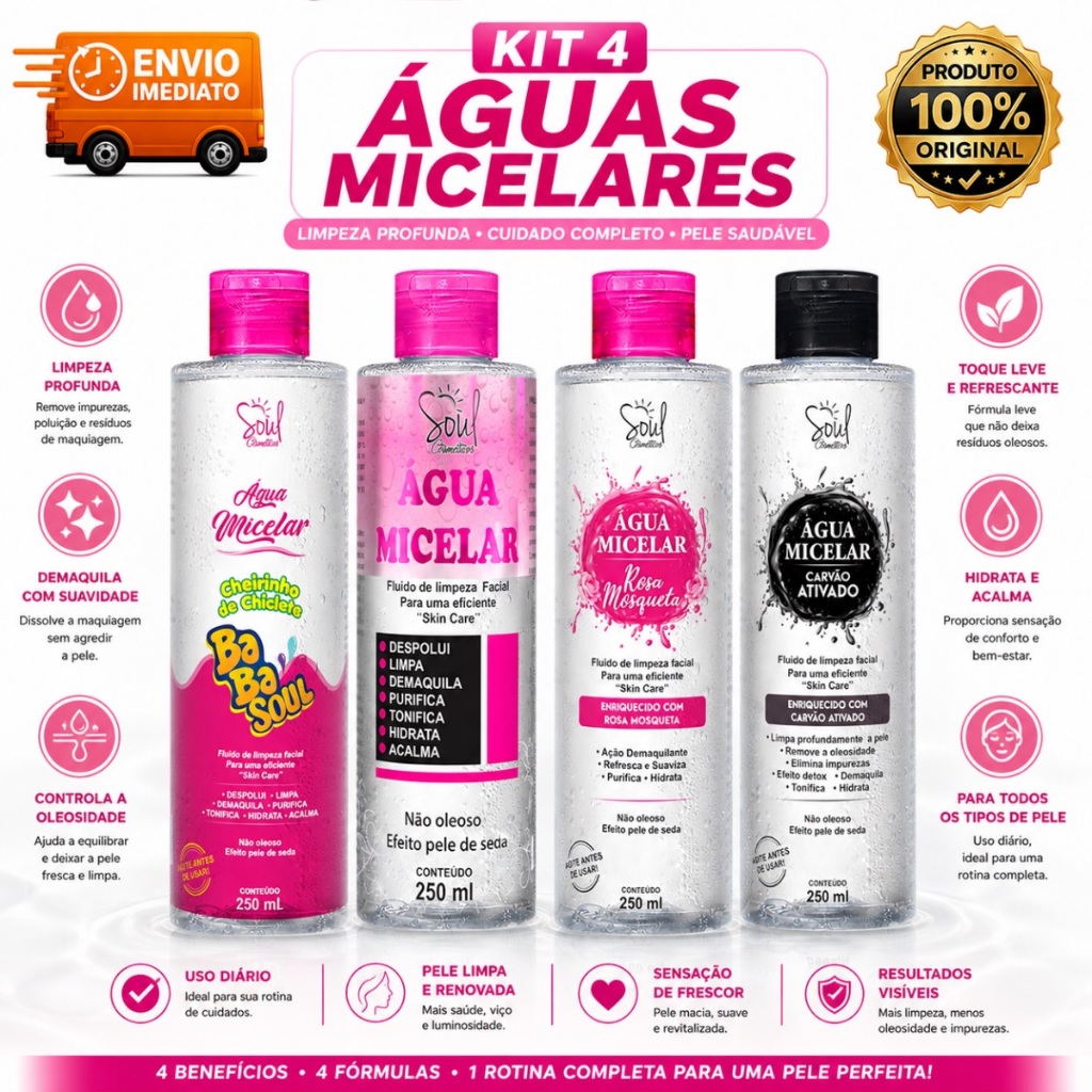KIT 4 ÀGUA MICELAR  250 ml LIMPEZA COMPLETA ,SKIN