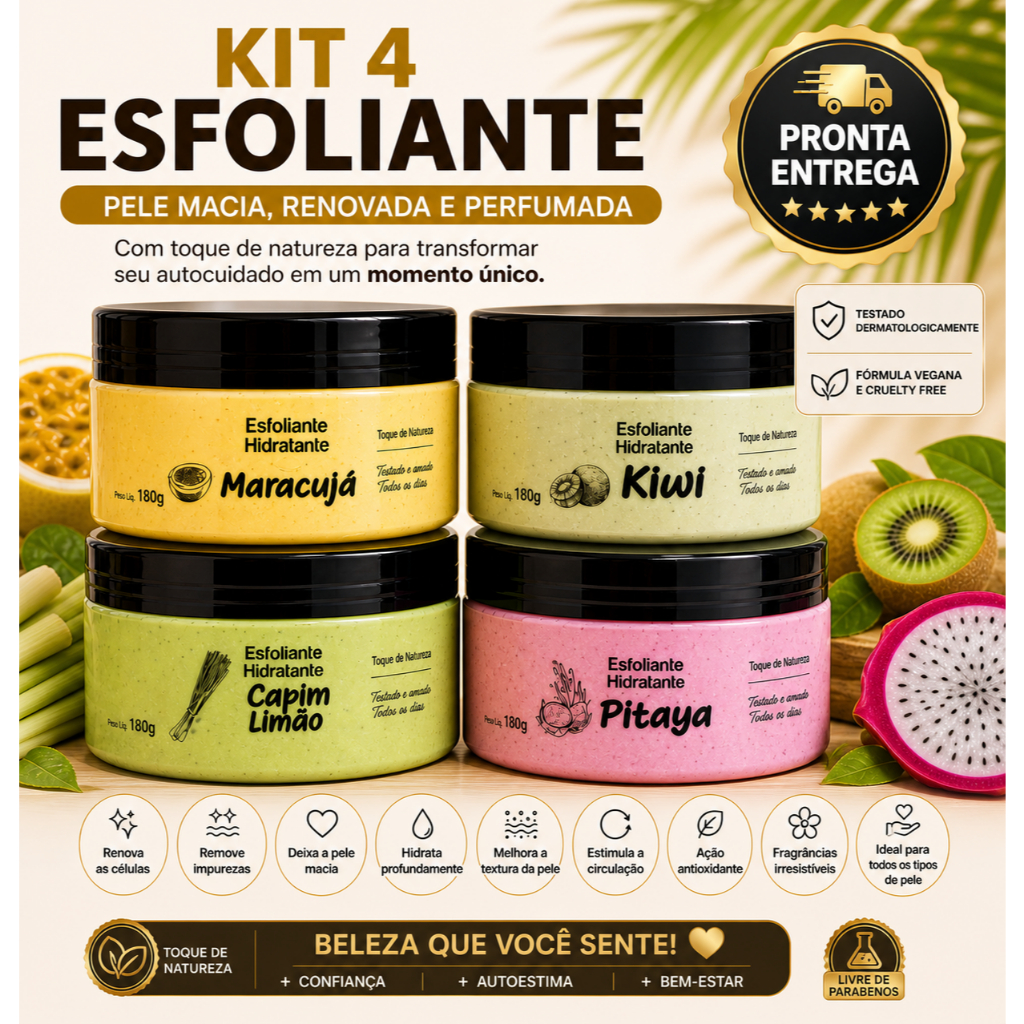 kit 4 ESFOLIANTE FACIAL E CORPORAL , HIDRATA E REN