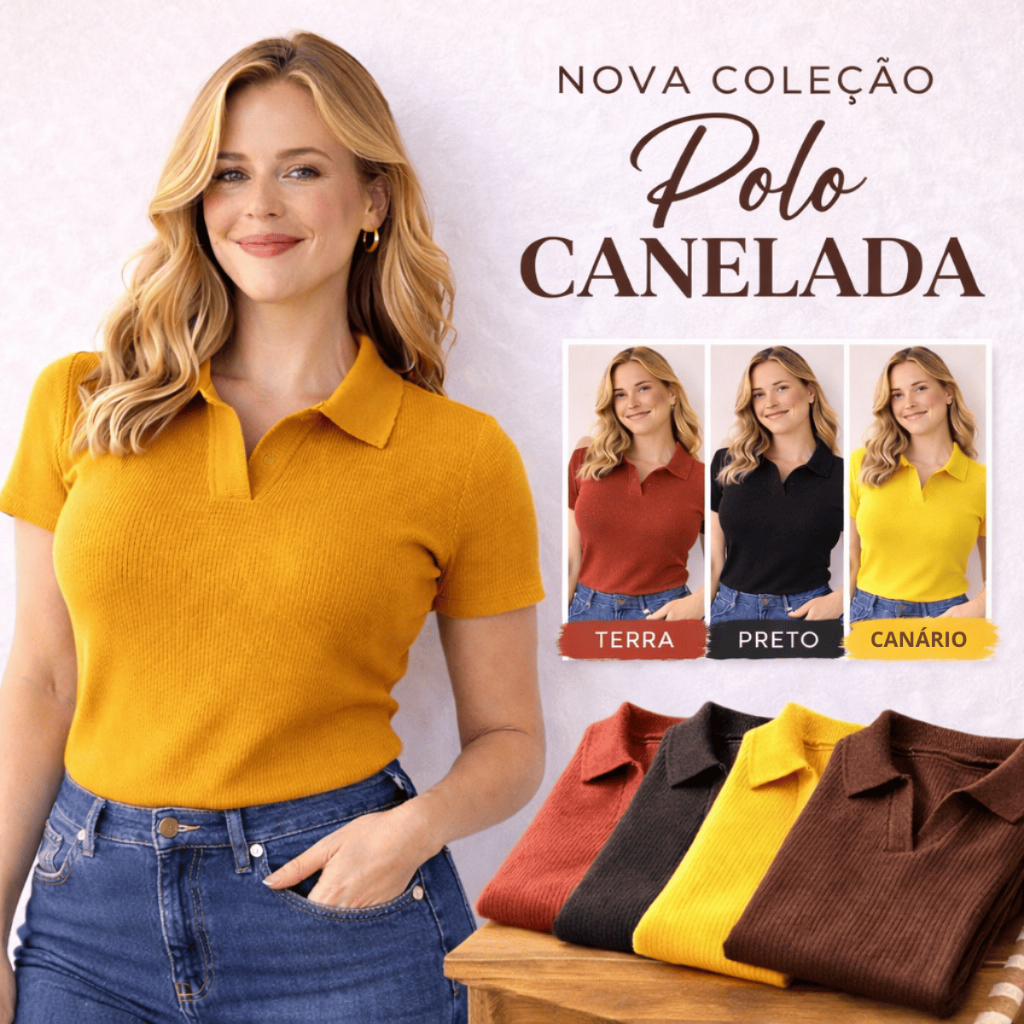 Blusa Polo Feminina Ribana Canelada Fina Manga Cur