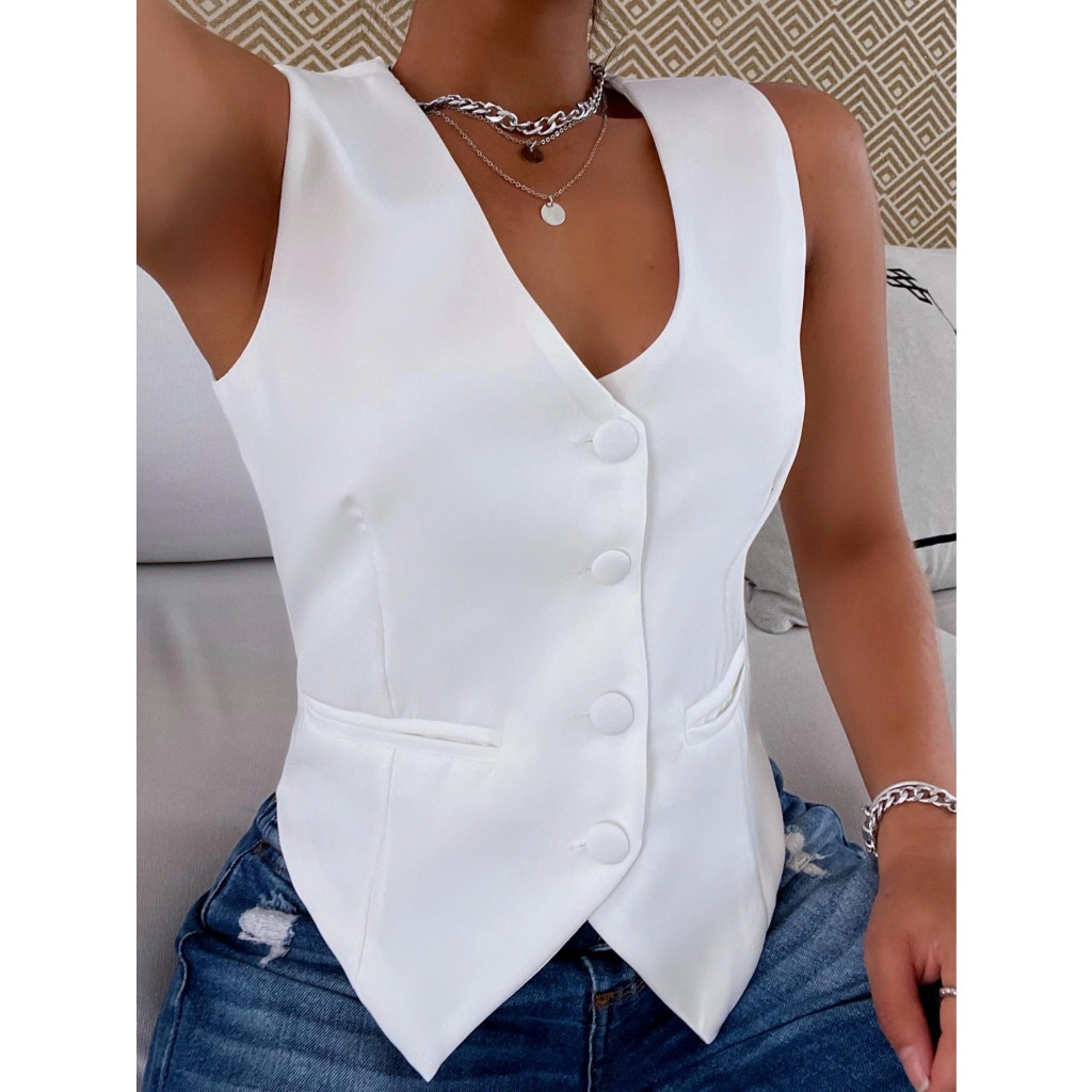 Colete Feminino Alfaiataria Com Bolso Falso com 3