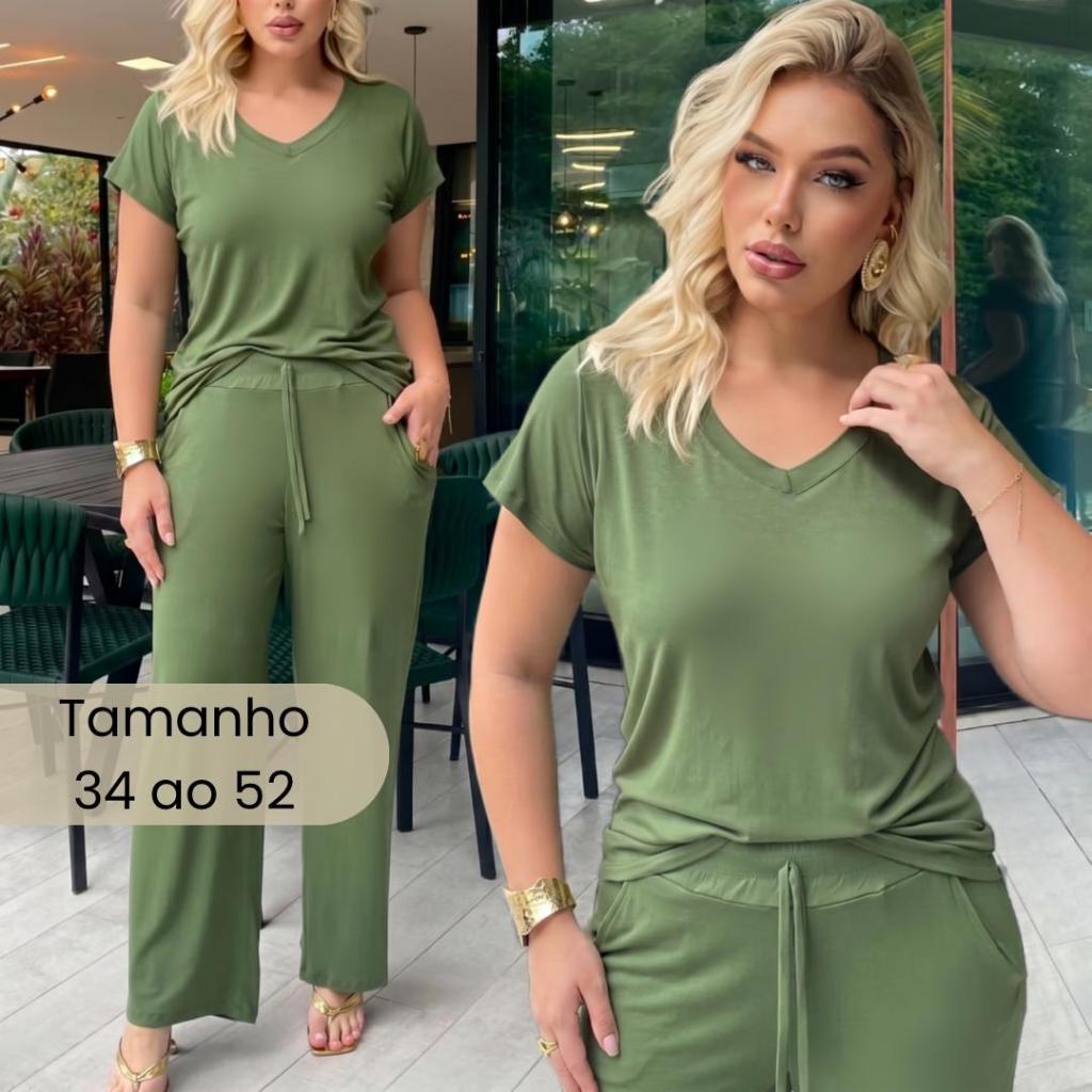 Conjunto Feminino Blusa Gola V e Calça Pantalona 