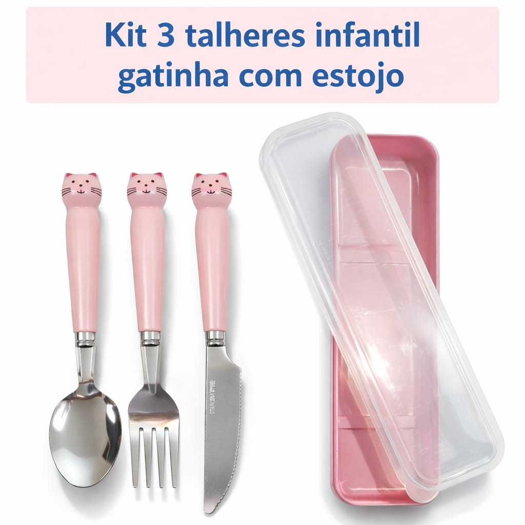 Kit 3 Peças Talheres Infantil Gatinha Garfo Faca 