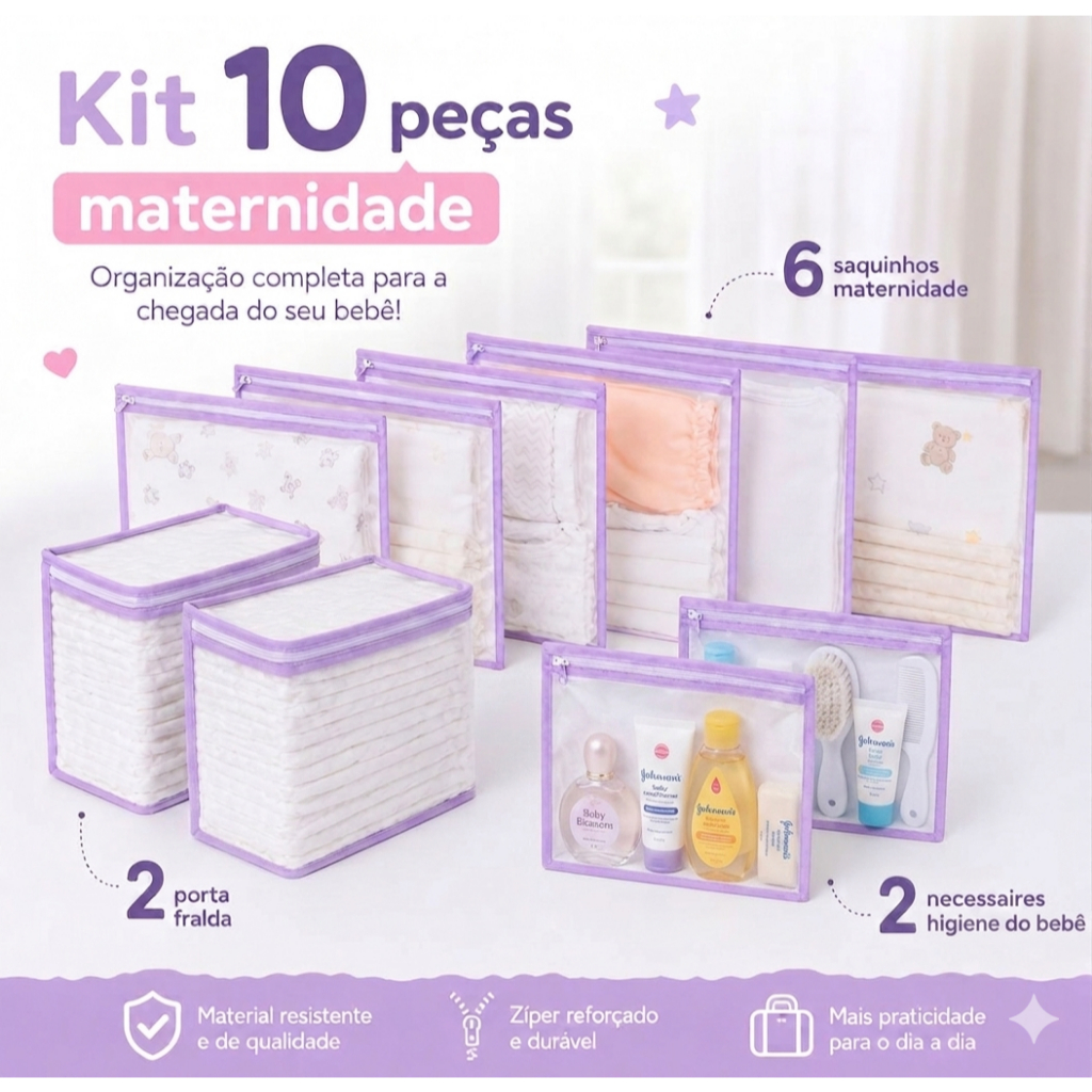 Kit 10 Peças Maternidade  6 Saquinhos Organizador