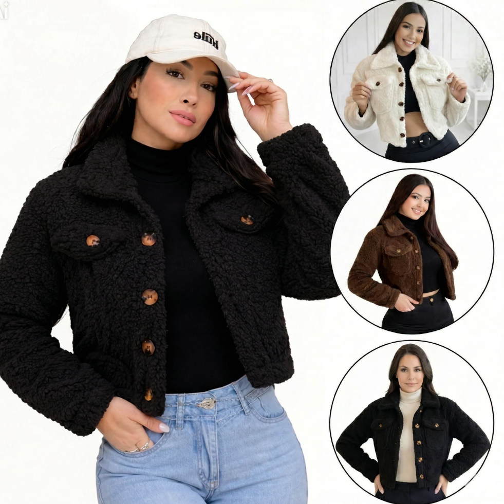 Casaco Teddy Curto Cropped Pelinho Jaqueta Blusa d