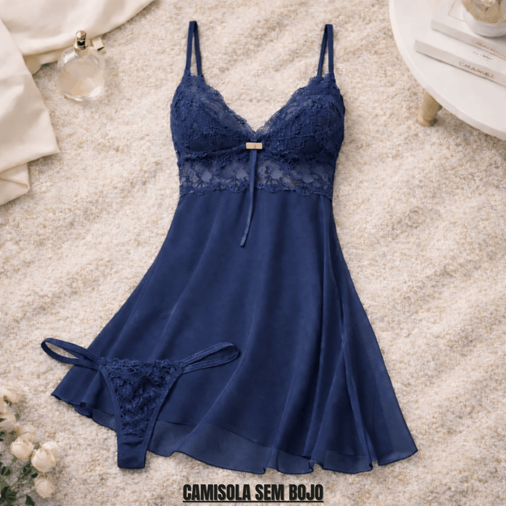 Camisola Transparente Sensual Tule e Renda com Cal