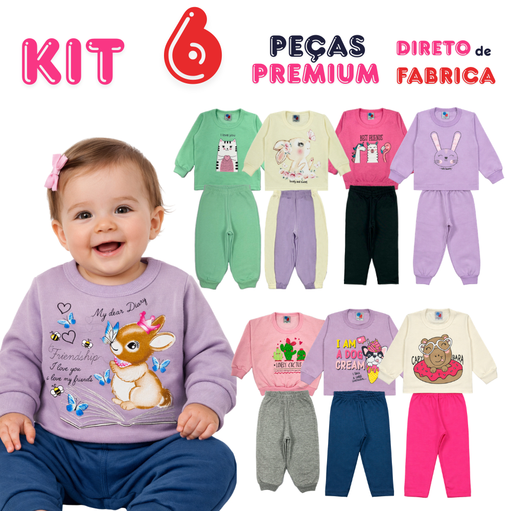 Kit 6 Peças Bebê Menina Inverno Moletom Felpado 