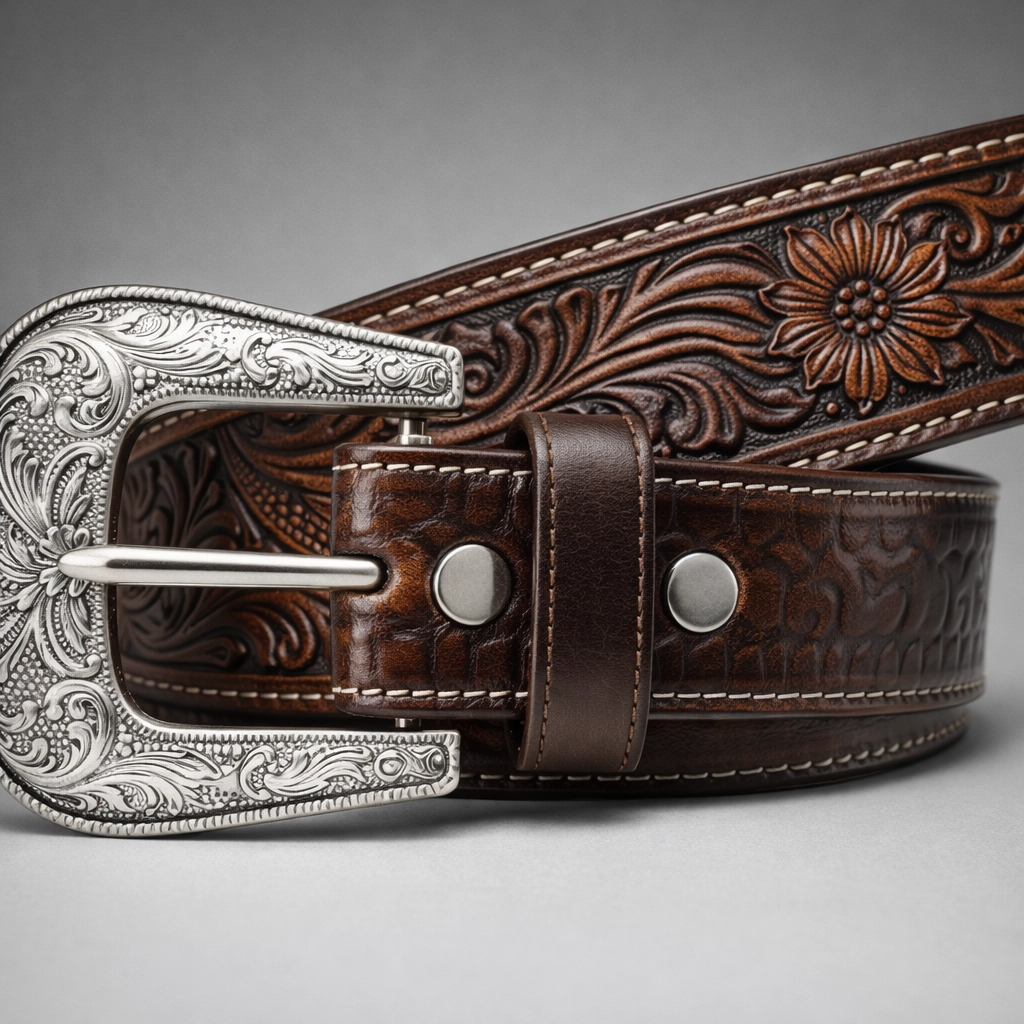 Cinto Cowboy Em Couro Legítimo Entalhado Artesana