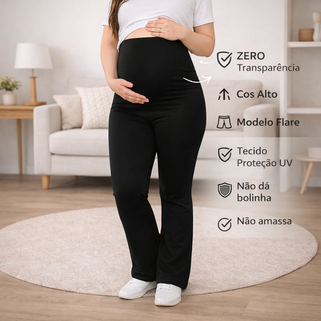 Calça Legging Gestante Flare Cós Alto Conforto S