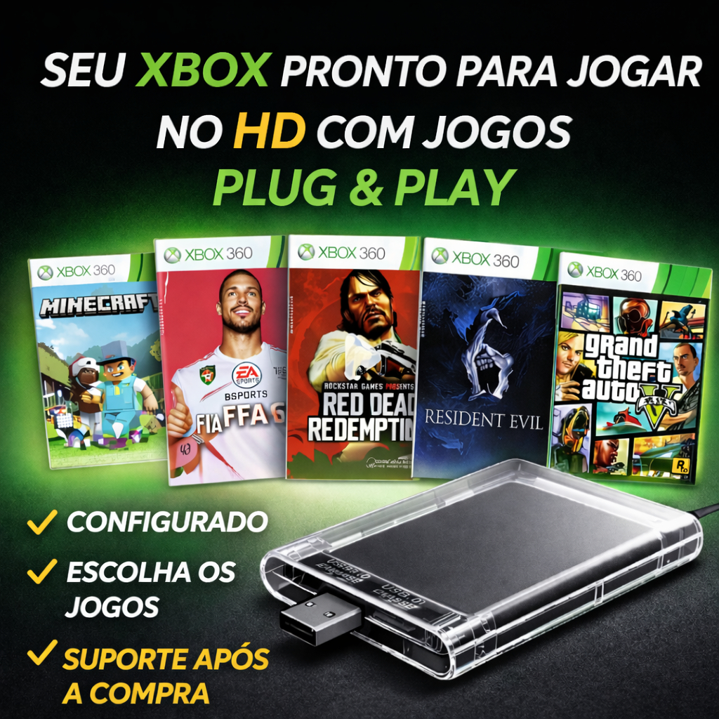 HD 320GB XBOX 360 C/ DESBLOQUEIO E 30 JOGOS PERSON