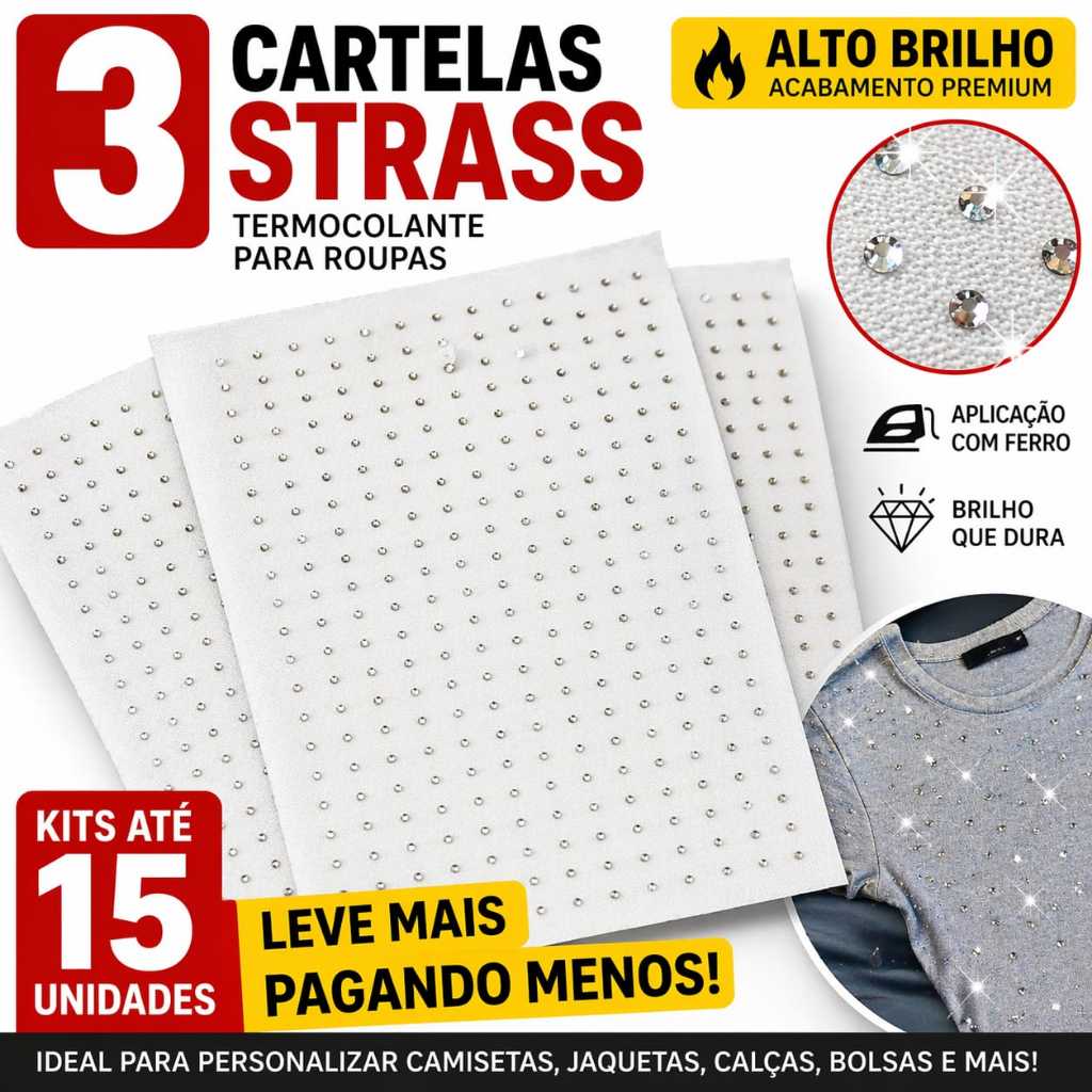 Kit 3 Cartelas de Strass Termocolante Para Roupa H