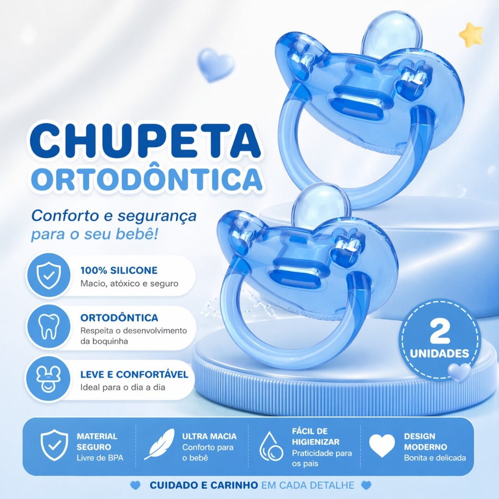 Kit 2 Chupetas 100% Silicone Bico Ortodôntico Beb