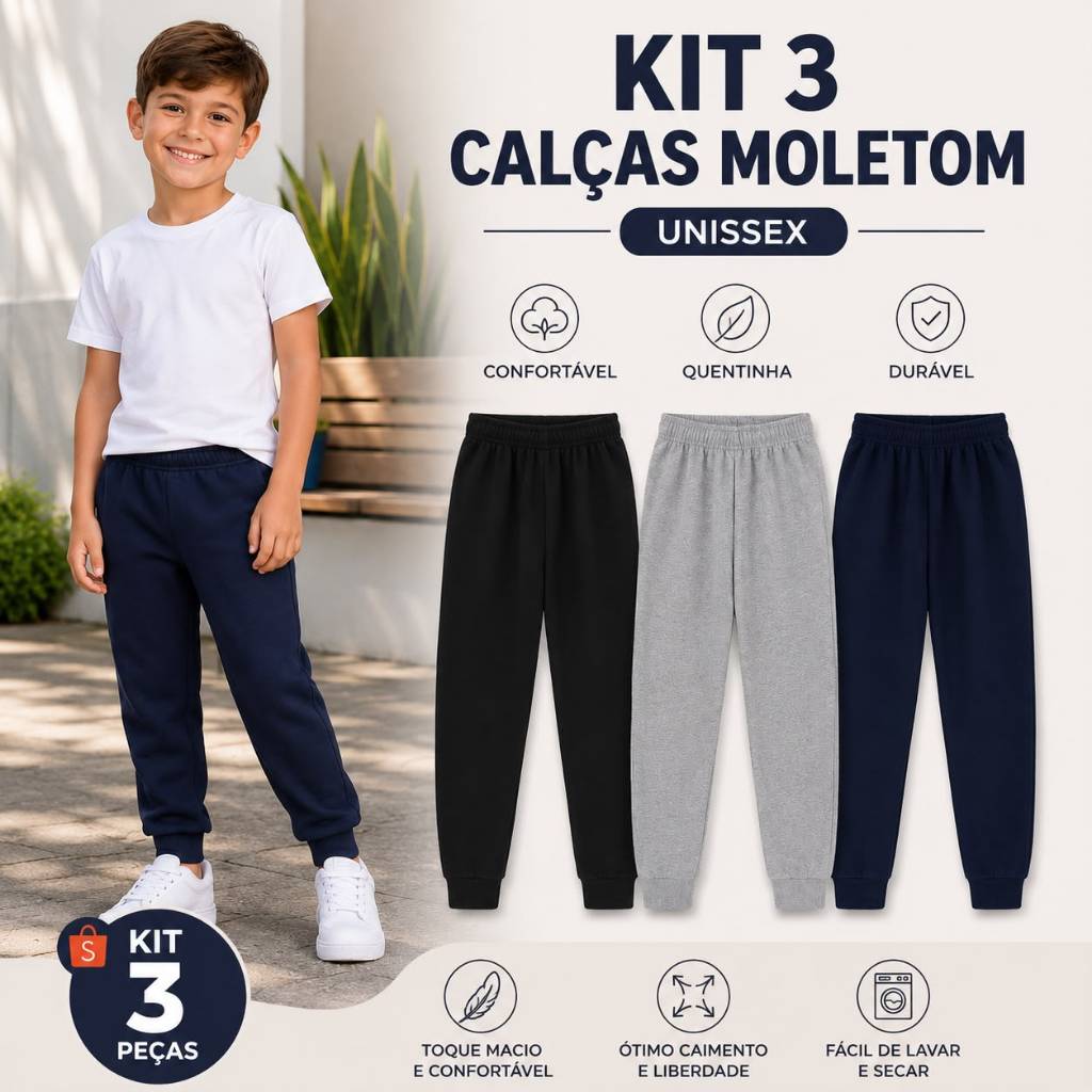 Kit 3 Calças Moletom Básica Escolar Dia a Dia Un