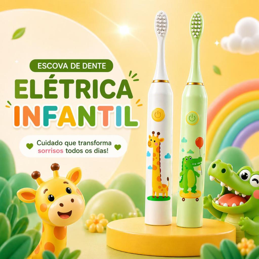 Escova de Dente Elétrica Infantil + 4 Refis Limpe