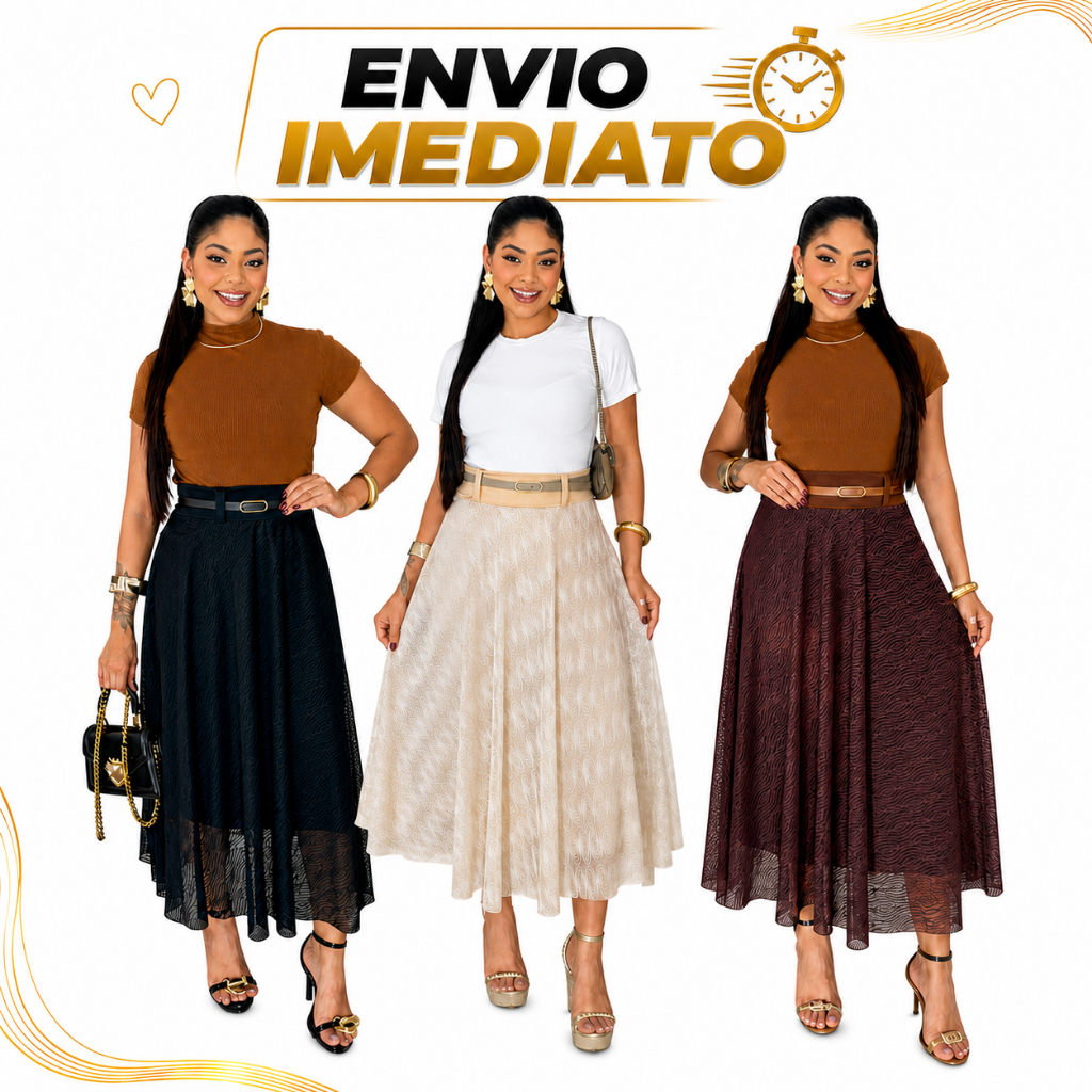 Saia Midi Tule Trabalhada Luxo Com Cinto Exclusivo
