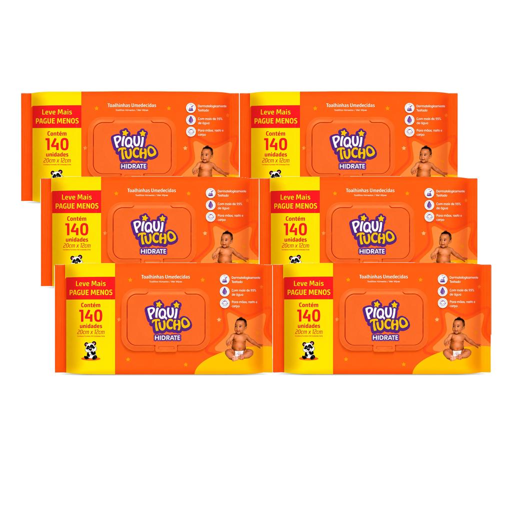 Kit 6 Pacotes Toalha Umedecida Hidrate Piquitucho 