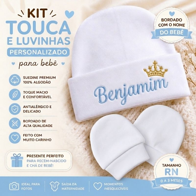 kit Touca e par de luvas  Bebê  RN em Suedine Per
