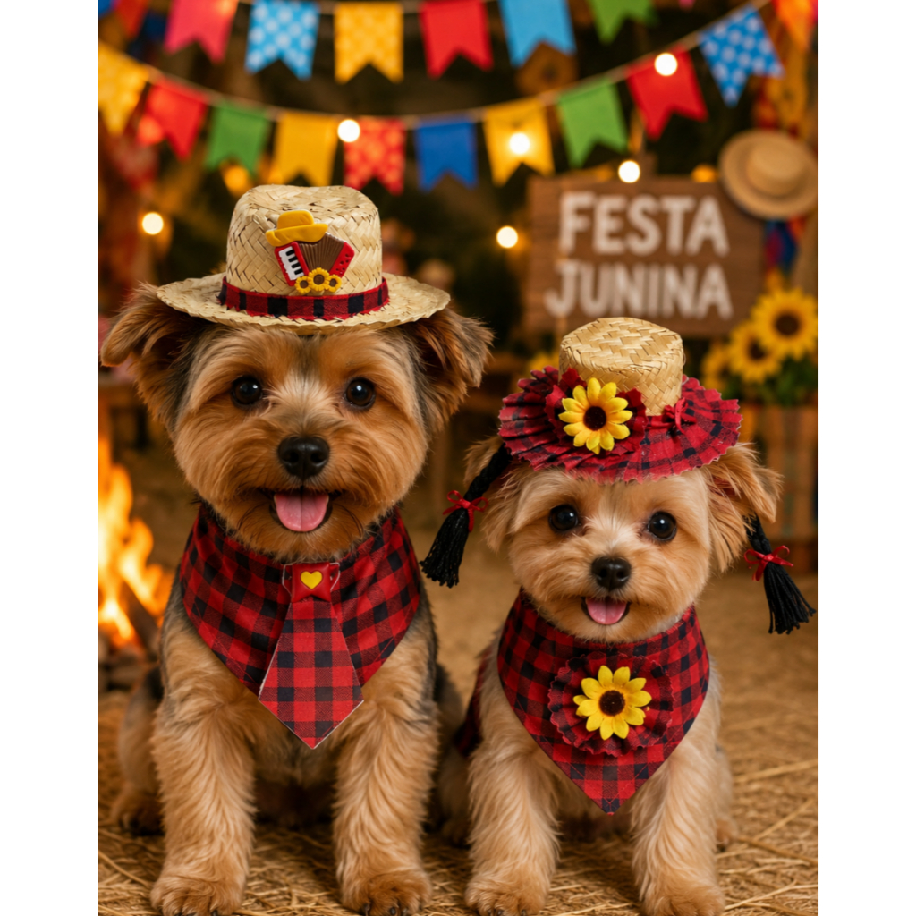 Kit Fantasia Pet Bandana + Chapeuzinho Festa Junin