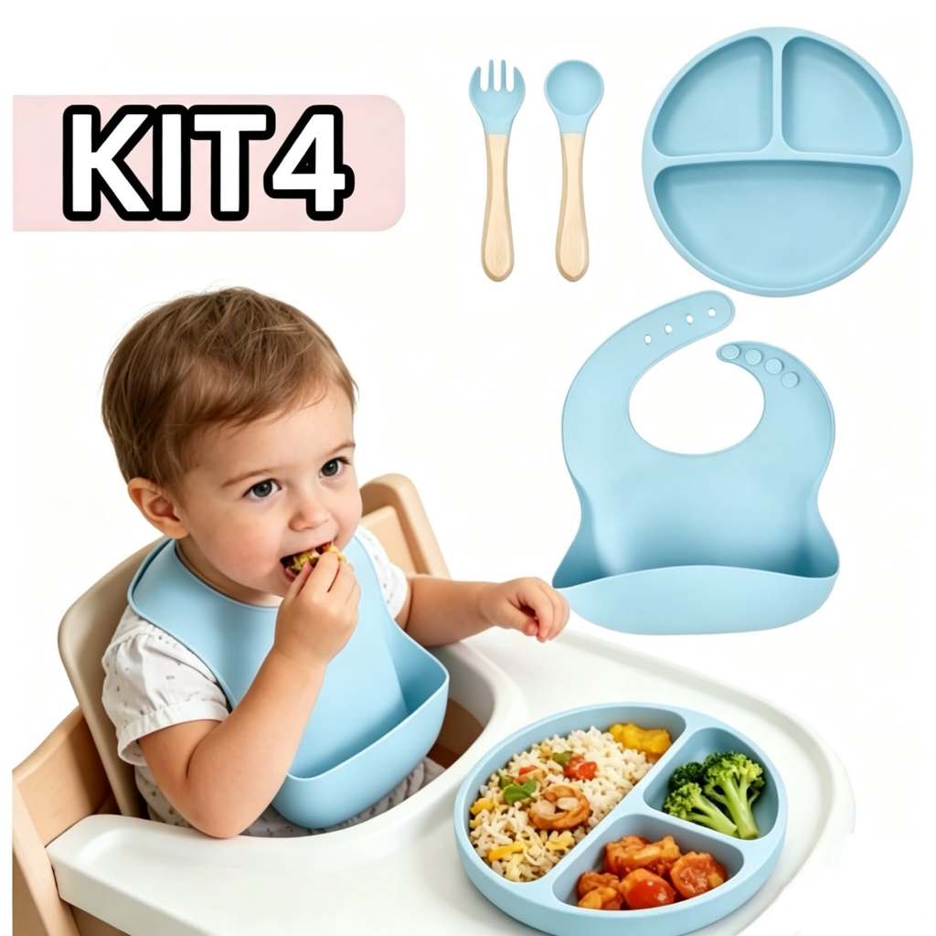 Kit Prato Talheres e Babador Silicone para Introdu