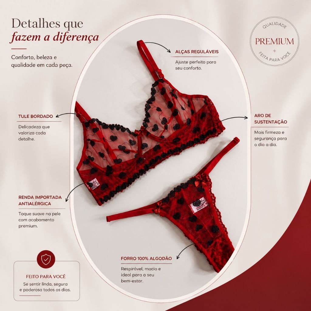 Conjunto Tule Transparente Bordado Sem bojo Fio Re