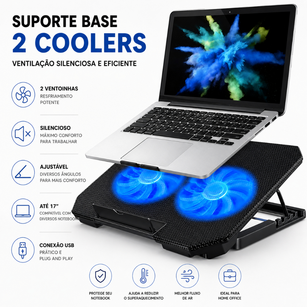 Suporte Base Refrigerada Notebook 2 Coolers Ventil