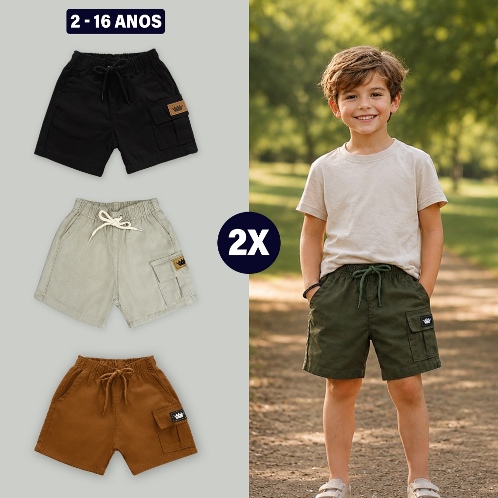 Kit 2 Short Cargo Infantil Juvenil Mauricinho Brim