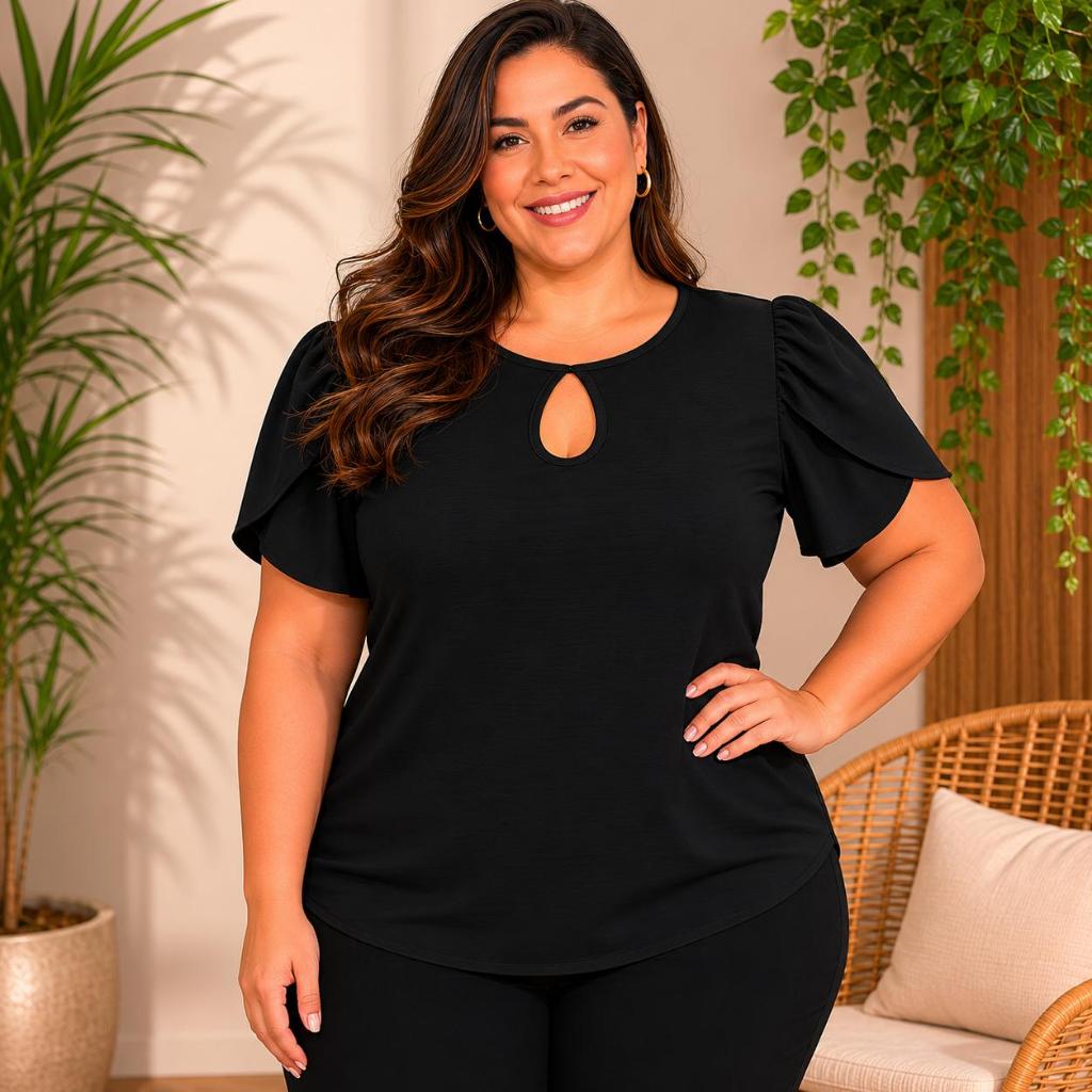 Blusa Plus Size Feminina Elegante Manga Curta Flui